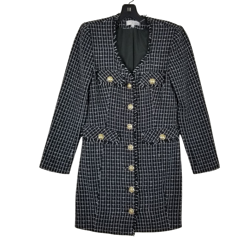 Derek Lam Collective Tweed Coat Dress Womens 40 Black White Gold Crest Button